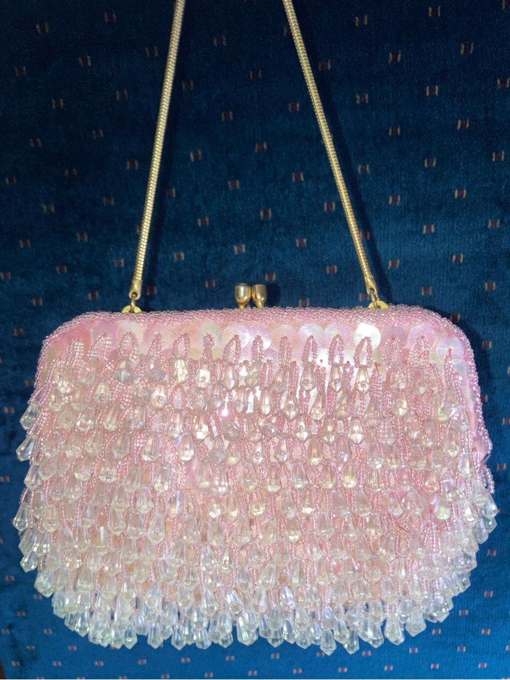 Vintage Walborg hand-beaded evening purse in baby pink